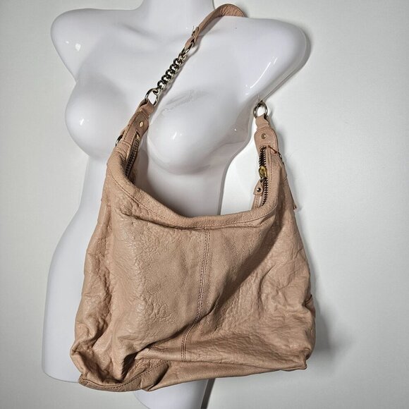 Tre Vero Beige‎ Leather Shoulder Bag Tan Chain Strap Pockets 10"x13.5" - Picture 3 of 14